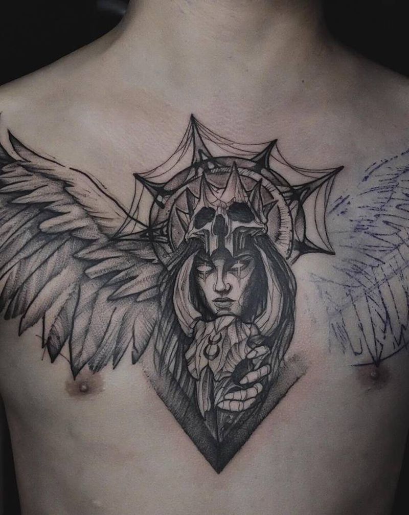 广州纹身 | 男生花胸纹身图片_胸部New School翅膀暗黑纹身图案