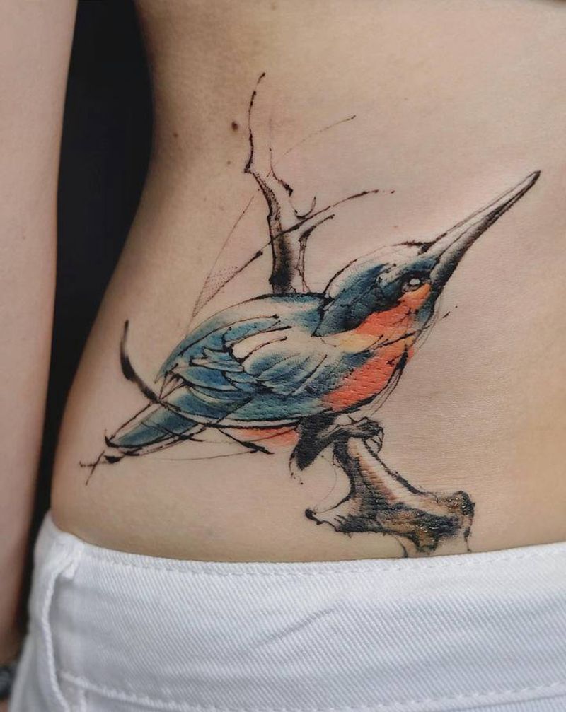 鸟儿纹身图片_背部腰部水彩水墨纹身图案