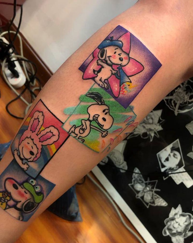 史努比卡通纹身纹身图片_腿部Old School水彩卡通动物几何纹身图案
