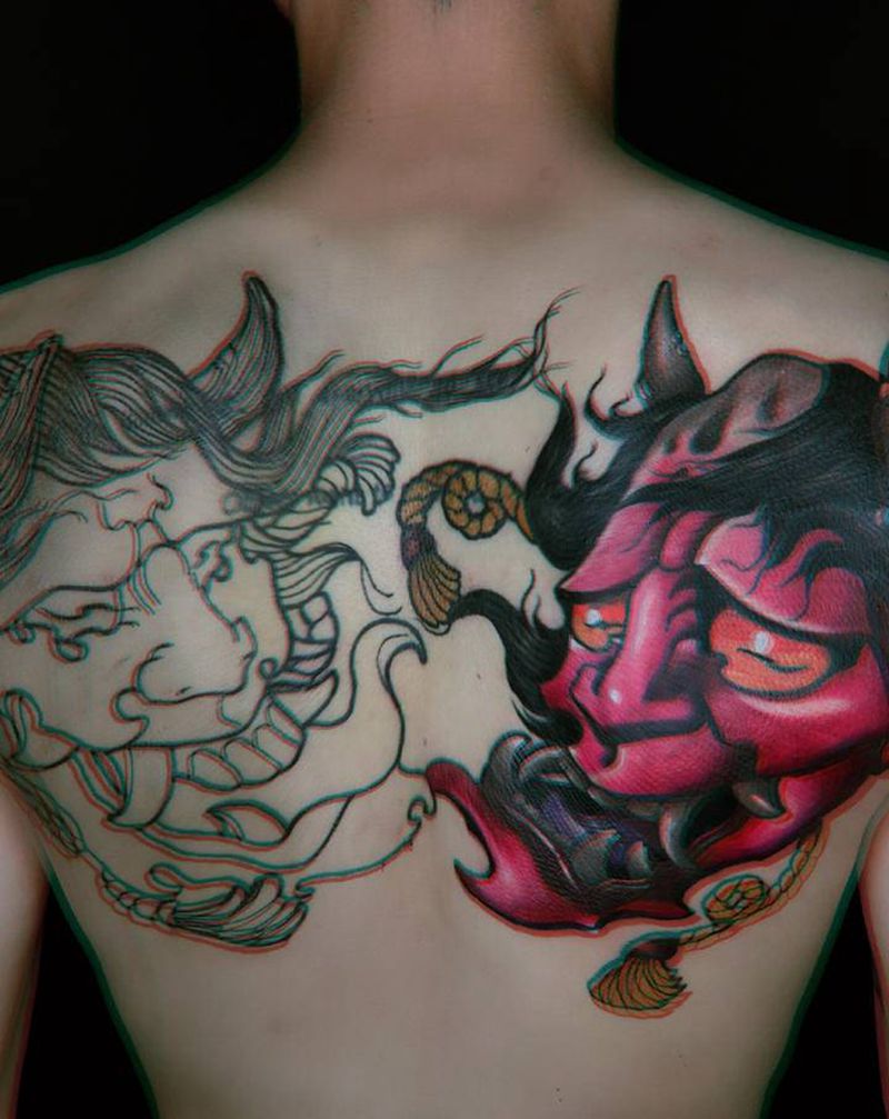 般若 | 背部遮盖纹身纹身图片_背部New School新传统般若彩色纹身图案