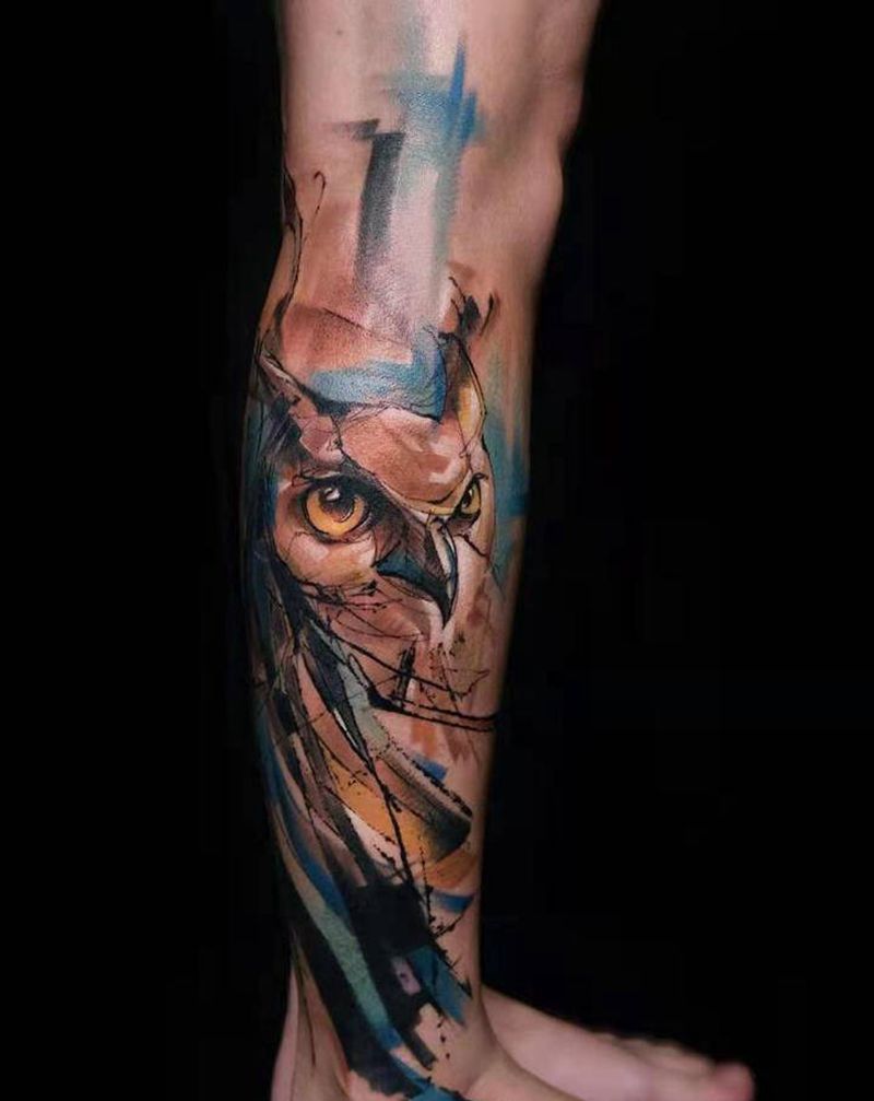 猫头鹰覆盖作品纹身图片_脚部腿部水彩水墨纹身图案