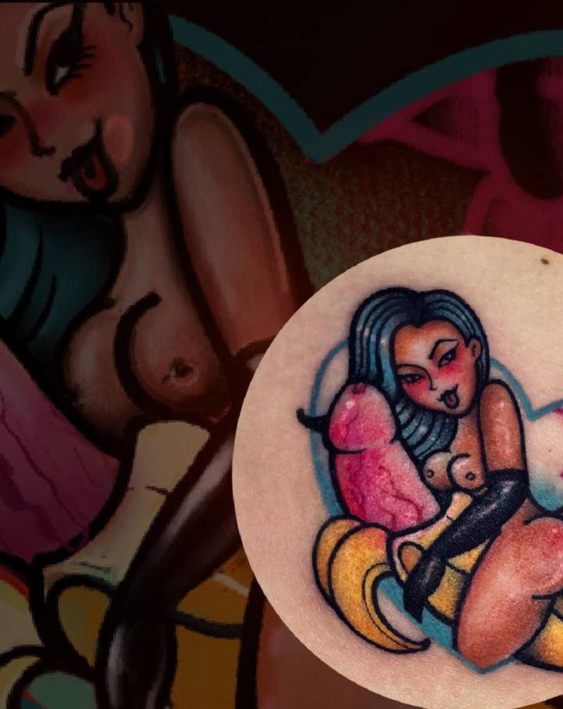 人物肖像定制纹身图片_臀部胸部Old School欧美写实香蕉纹身图案