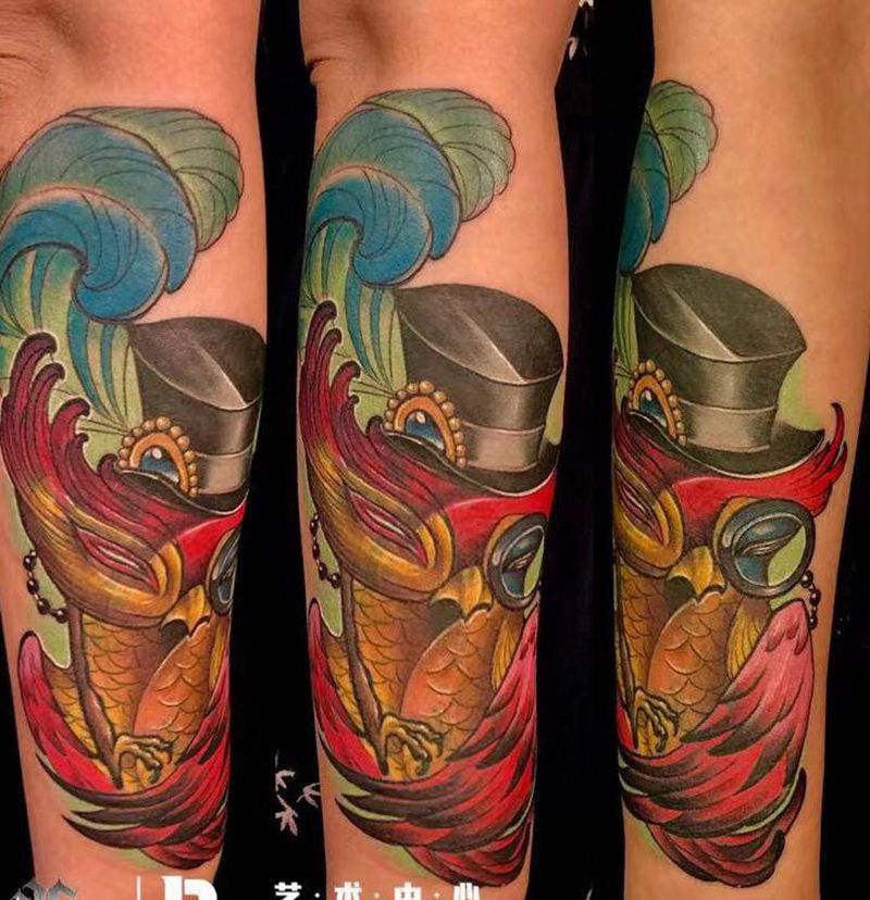 卡通猫头鹰遮盖纹身图片_手臂New School纹身图案