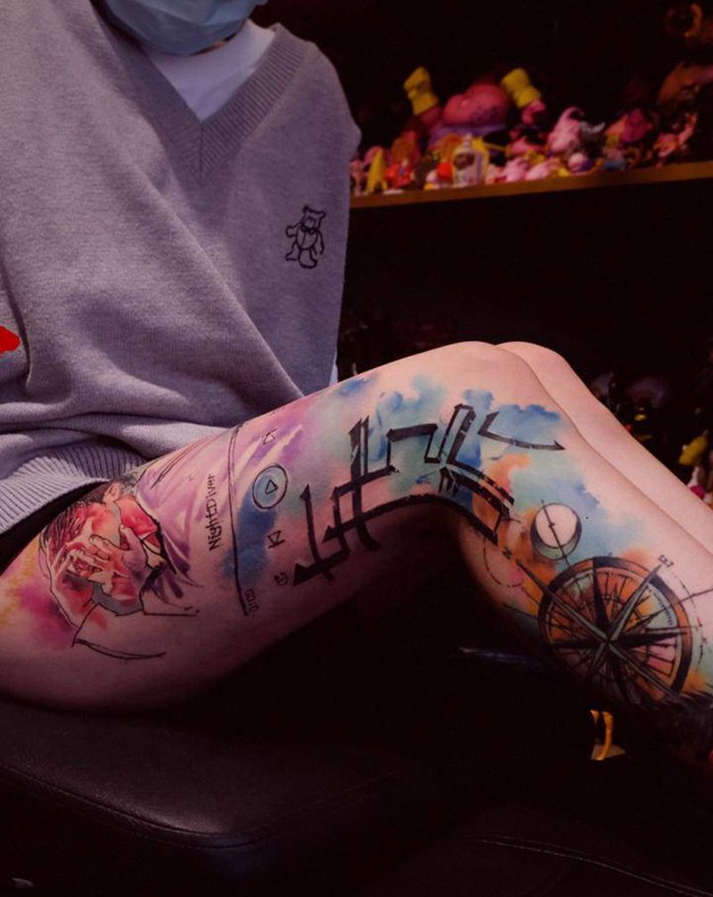 新年快乐，水彩纹身纹身图片_脚部腿部水彩纹身图案