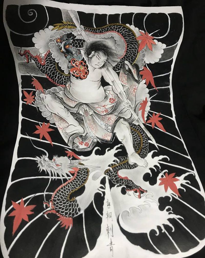 原创日式武士满背手稿纹身图片_背部老传统日式老傳統传统武士纹身图案