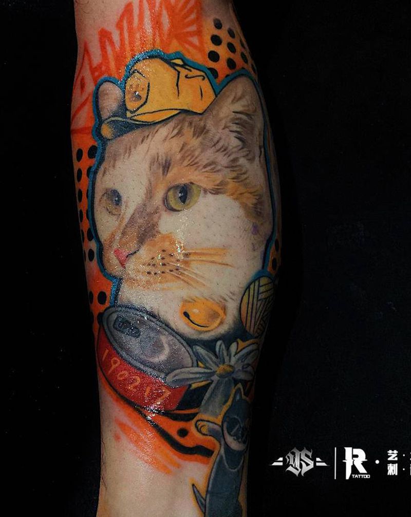 谁家的喵！纹身图片_腿部New School纹身图案