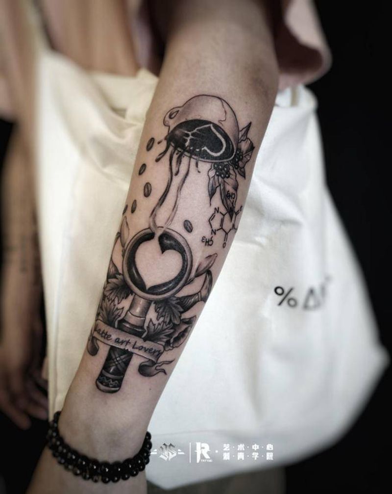 咖啡主题花臂纹身图片_手臂欧美写实纹身图案