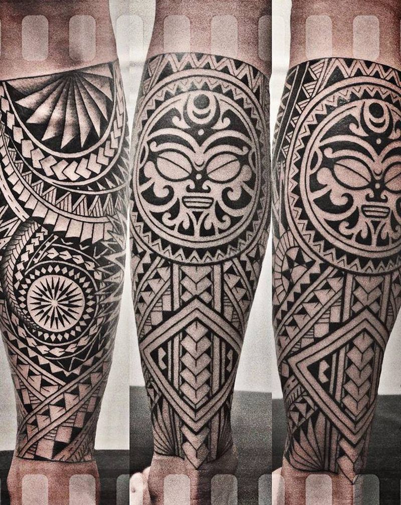 几何图腾包小腿 | 男生纹身纹身图片_腿部脚部几何图腾纹身图案