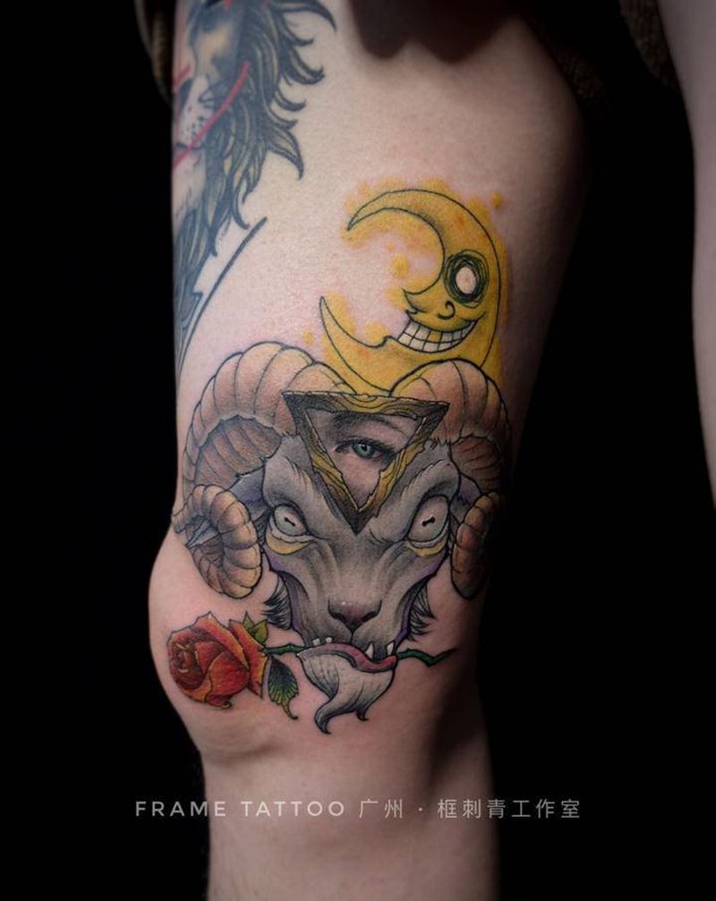 羊头纹身图片_腿部New School羊头月亮玫瑰纹身图案