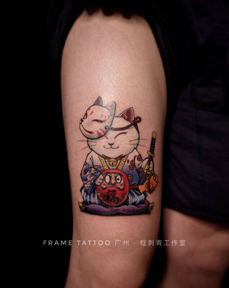 招财猫纹身图片_腿部New School招财猫达摩蛋纹身图案