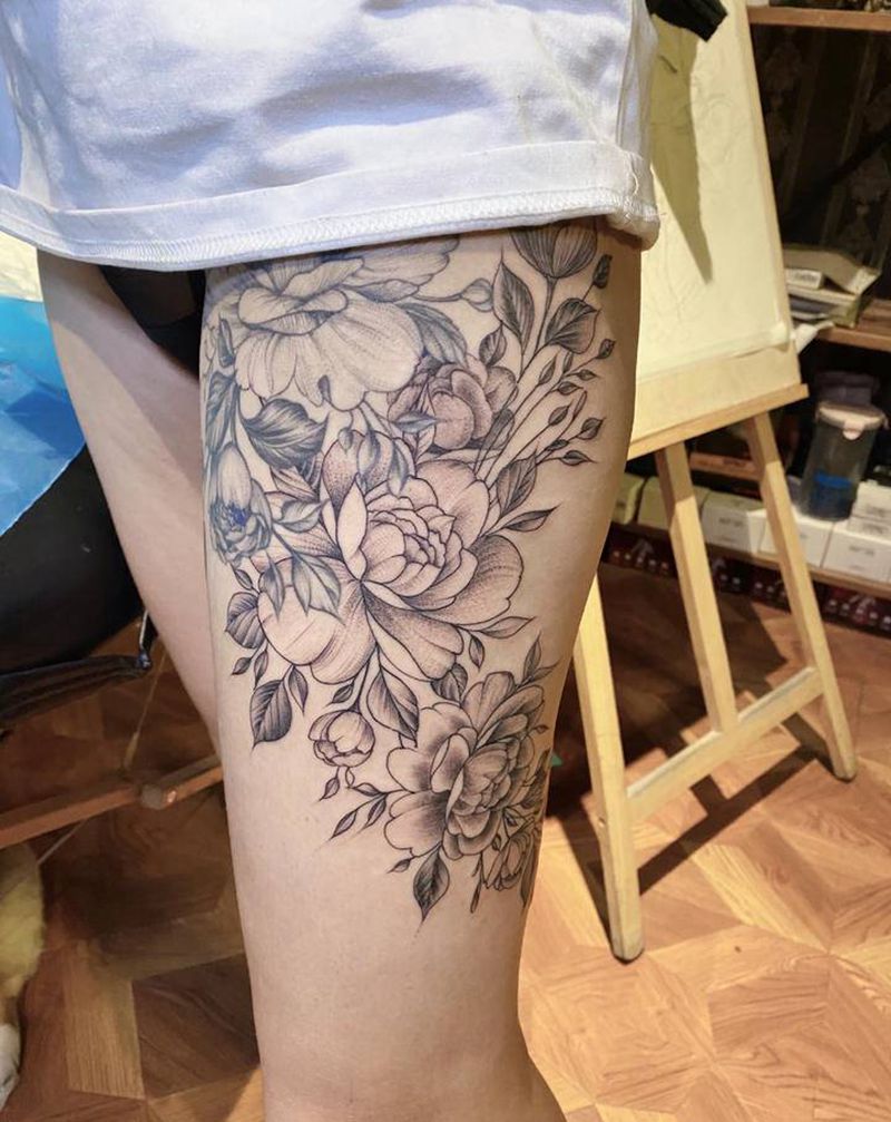 素花纹身图片_腿部纹身图案