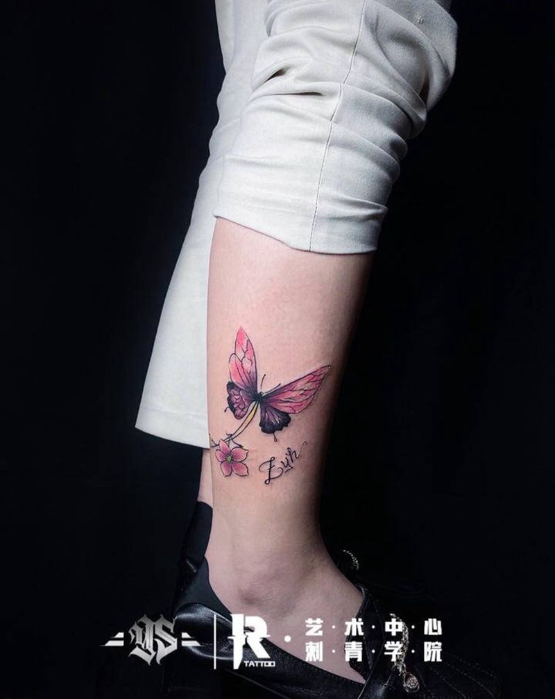 蝴蝶花纹身图片_腿部New School水彩纹身图案