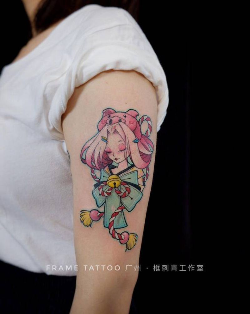 猪头帽小姐姐纹身图片_手臂New School纹身图案