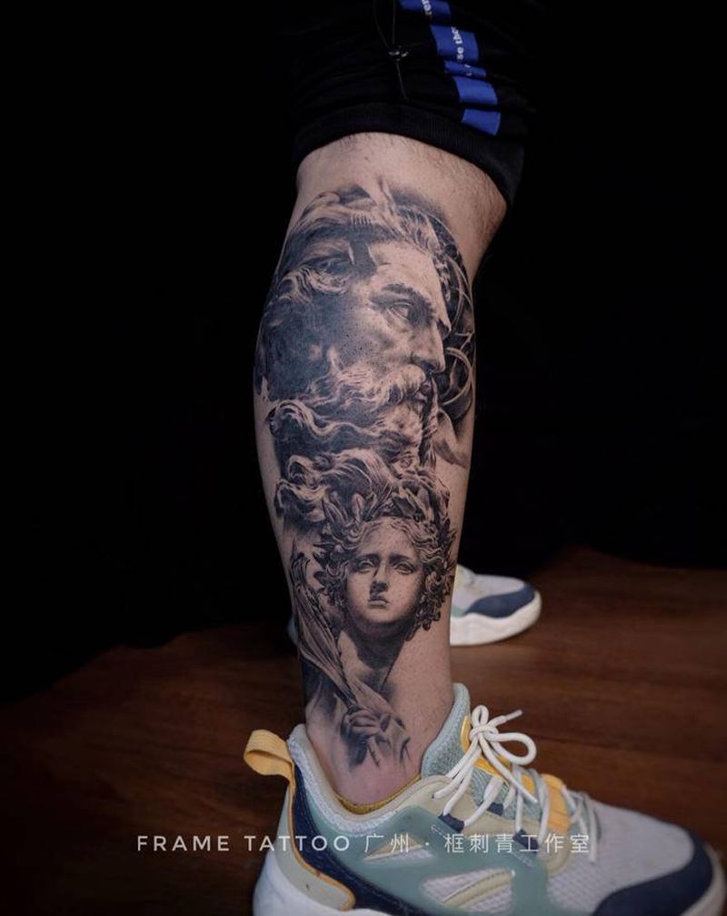 波塞冬纹身图片_腿部欧美写实波塞冬纹身图案