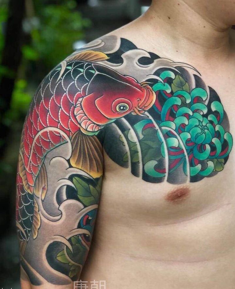 重彩鲫鱼纹身图片_手部脚部老传统新传统彩色鲫鱼鲫鱼日式纹身图案