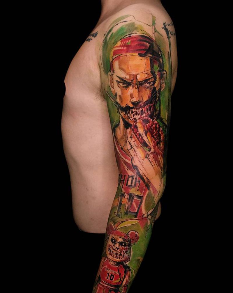 樱木花道主题花臂纹身图片_手部手臂水彩水墨纹身图案