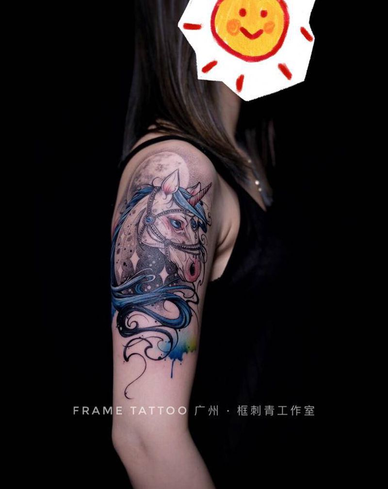 独角兽纹身图片_手臂New School独角兽纹身图案