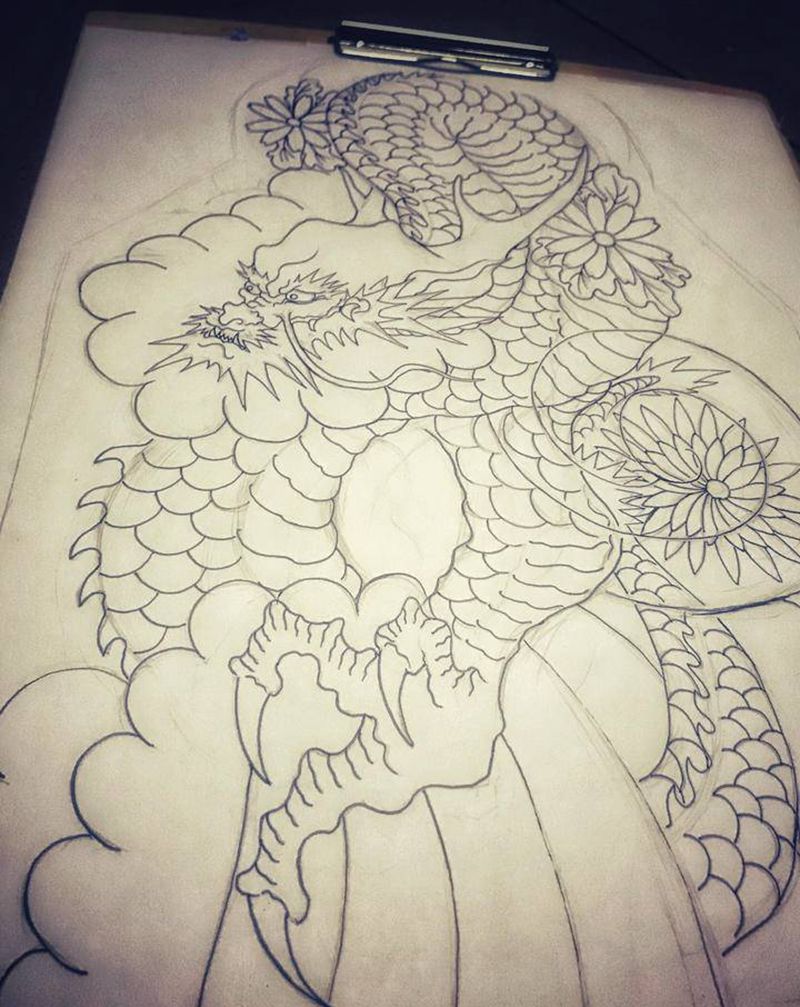 花臂日式龙纹身图片_手臂手部老传统新传统纹身图案