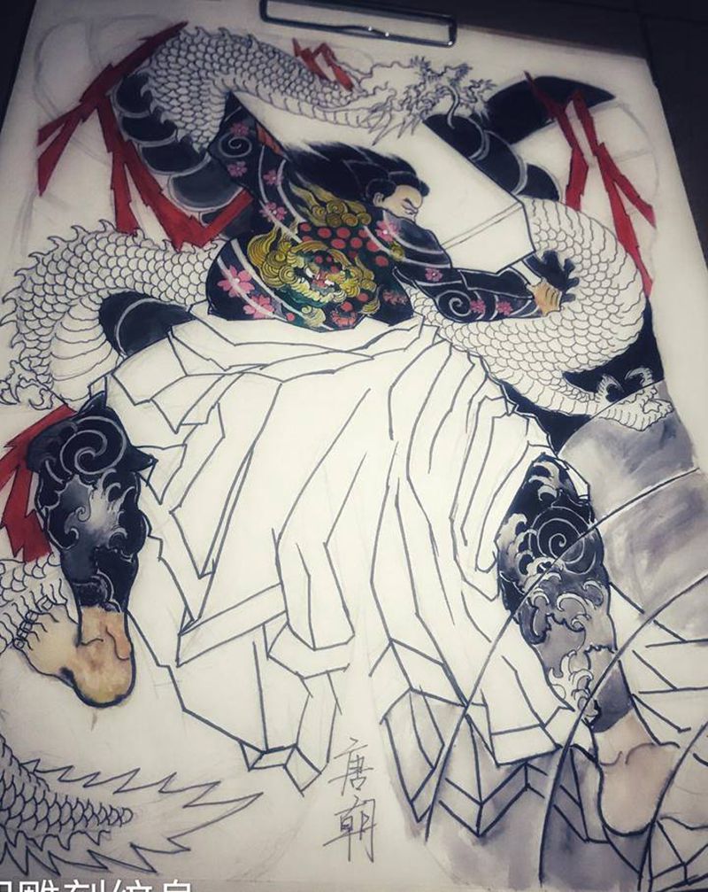 满背武士纹身图片_背部脚部老传统新传统武士满背人物纹身图案