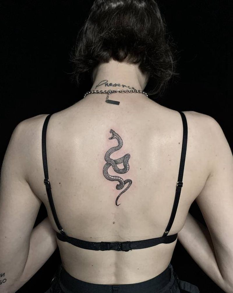 蛇纹身图片_背部点刺几何纹身图案