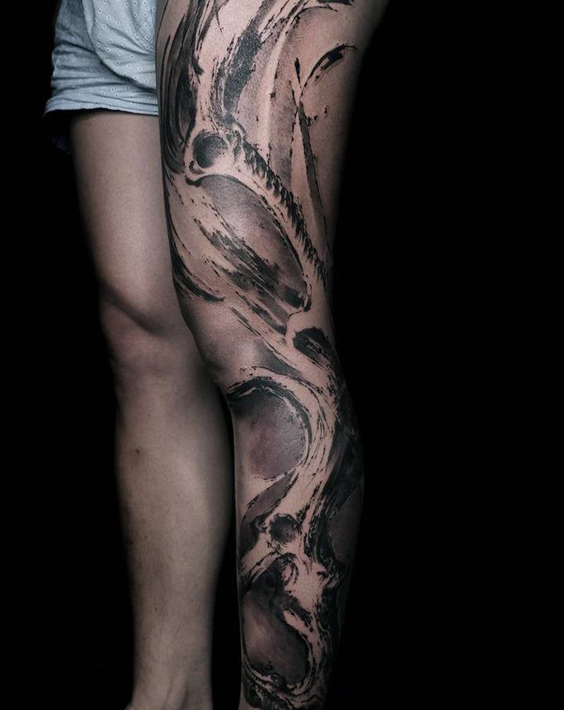 抽象水墨腿纹身图片_腿部水墨纹身图案
