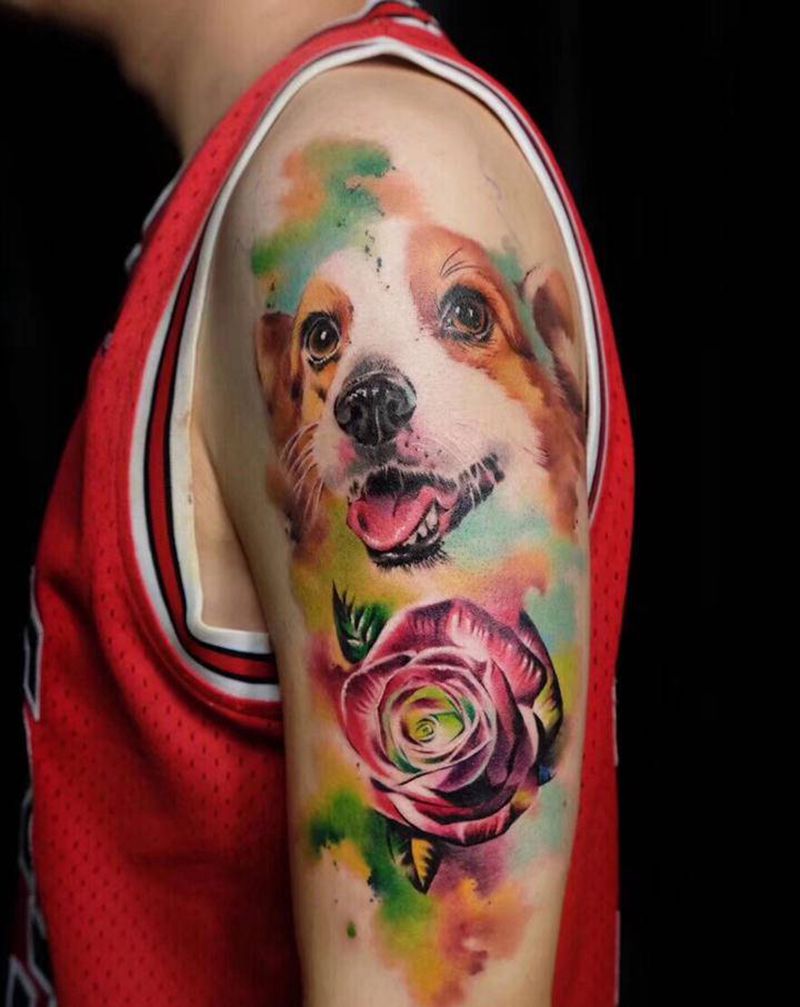 狗狗纹身图片_手部手臂水彩水墨纹身图案