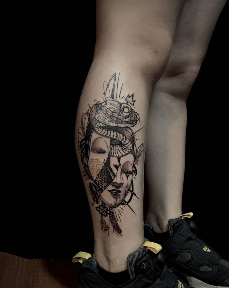 面具纹身图片_腿部Old School新传统纹身图案