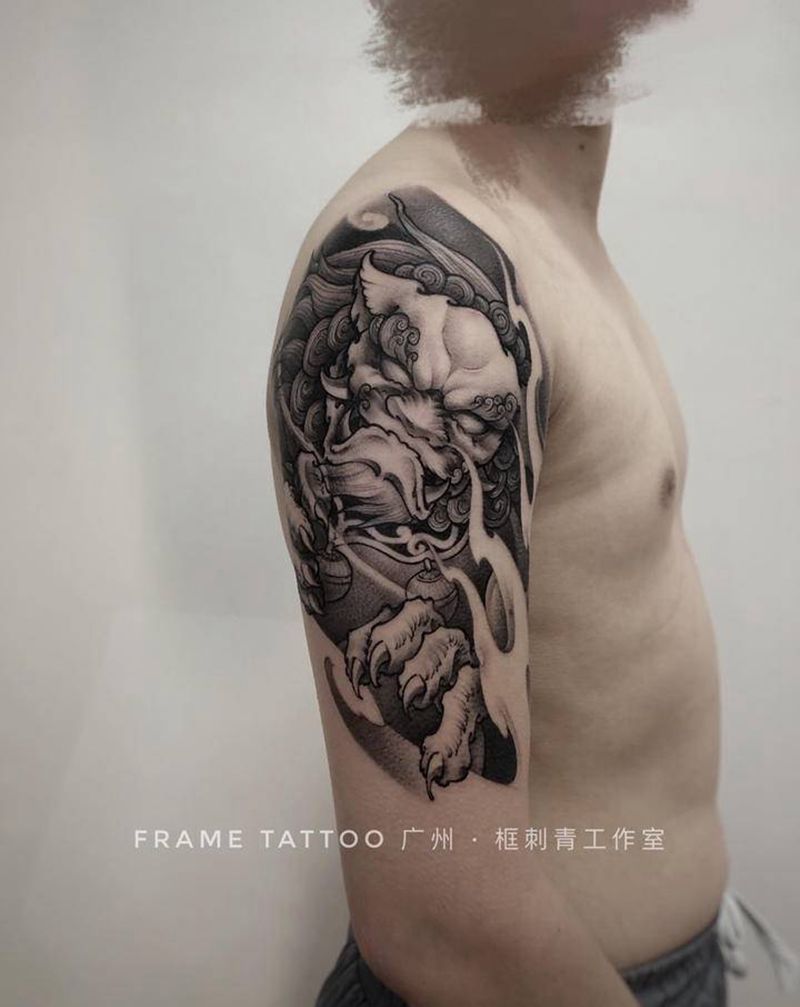唐狮纹身图片_手臂新传统唐狮纹身图案
