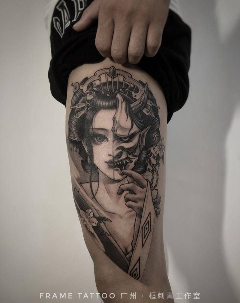 艺妓纹身图片_腿部新传统艺妓纹身图案