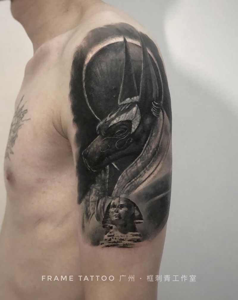 阿努比斯纹身图片_手臂欧美写实阿努比斯纹身图案