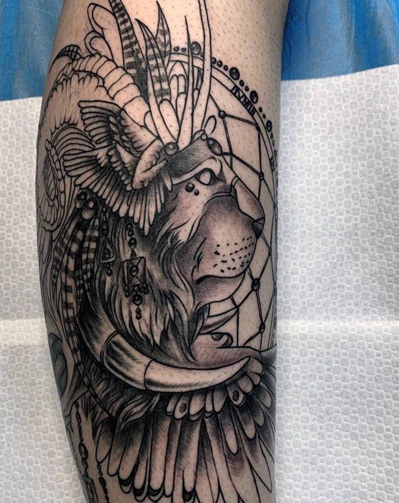 狮子 捕梦网 未完成纹身图片_腿部纹身图案