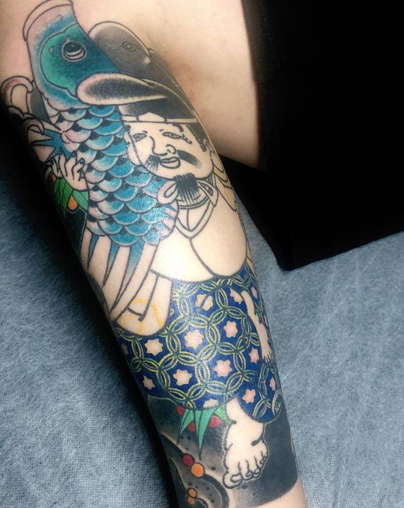 惠比寿包小腿、纹身图片_脚部腿部老传统人物日式包小腿纹身图案