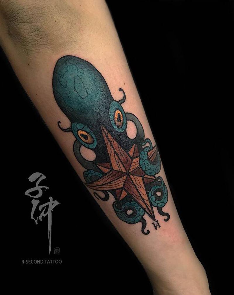 old school 章鱼纹身图片_手部手臂Old School章鱼彩色纹身图案