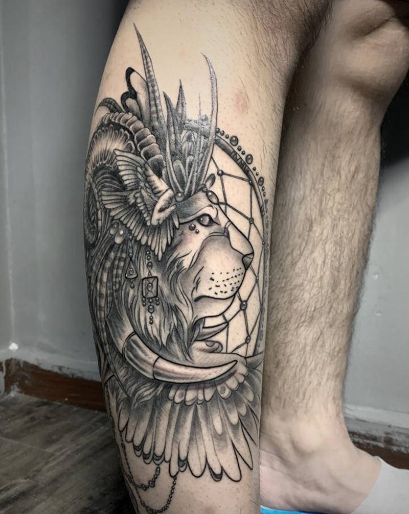 狮子 捕梦网纹身图片_腿部纹身图案