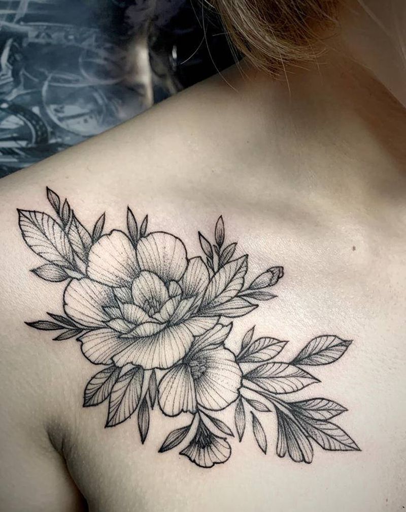 素花纹身图片_胸部肩部纹身图案