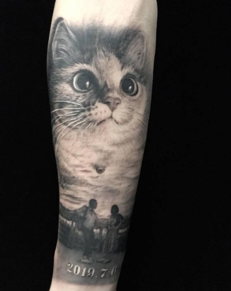 纪念已逝的猫【面条】纹身图片_手臂手部欧美写实新传统纹身图案