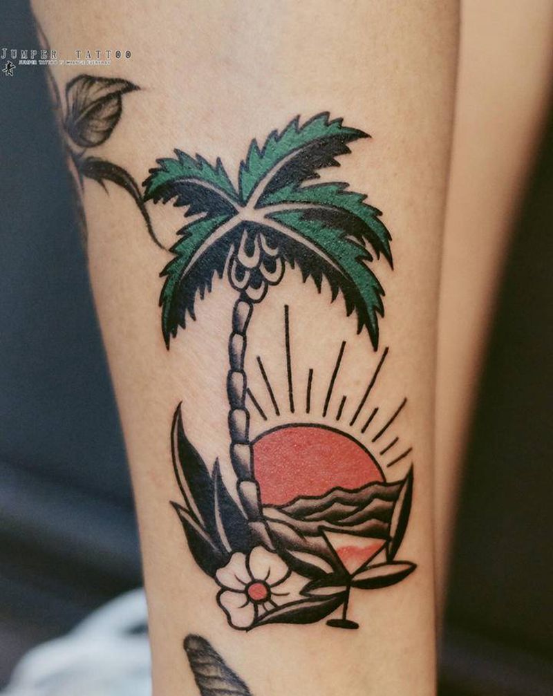 old school椰子树纹身图片_脚部腿部Old School纹身图案