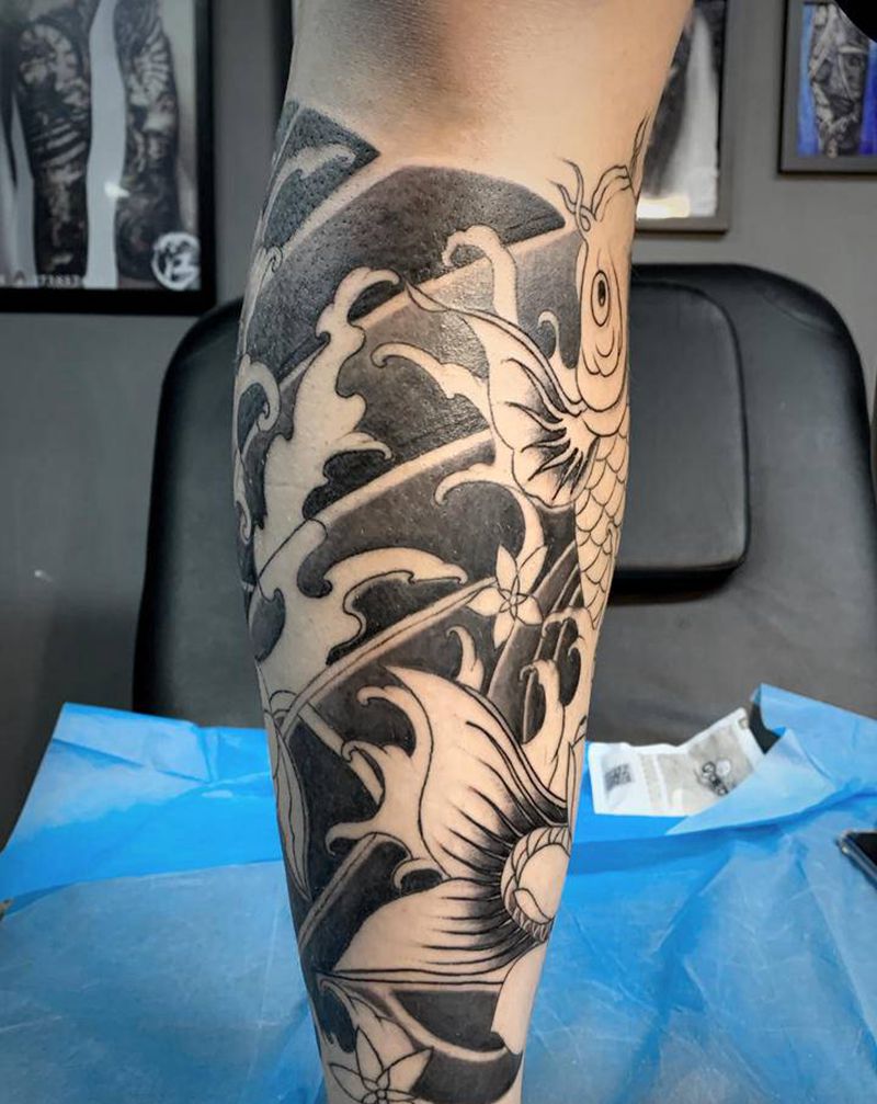 包小腿  未完成  线条非本人纹身图片_腿部老传统纹身图案