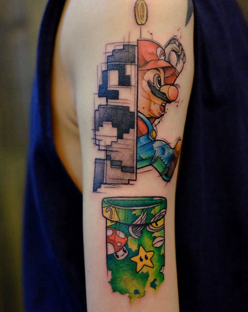 超级马里奥纹身图片_手臂彩色纹身图案
