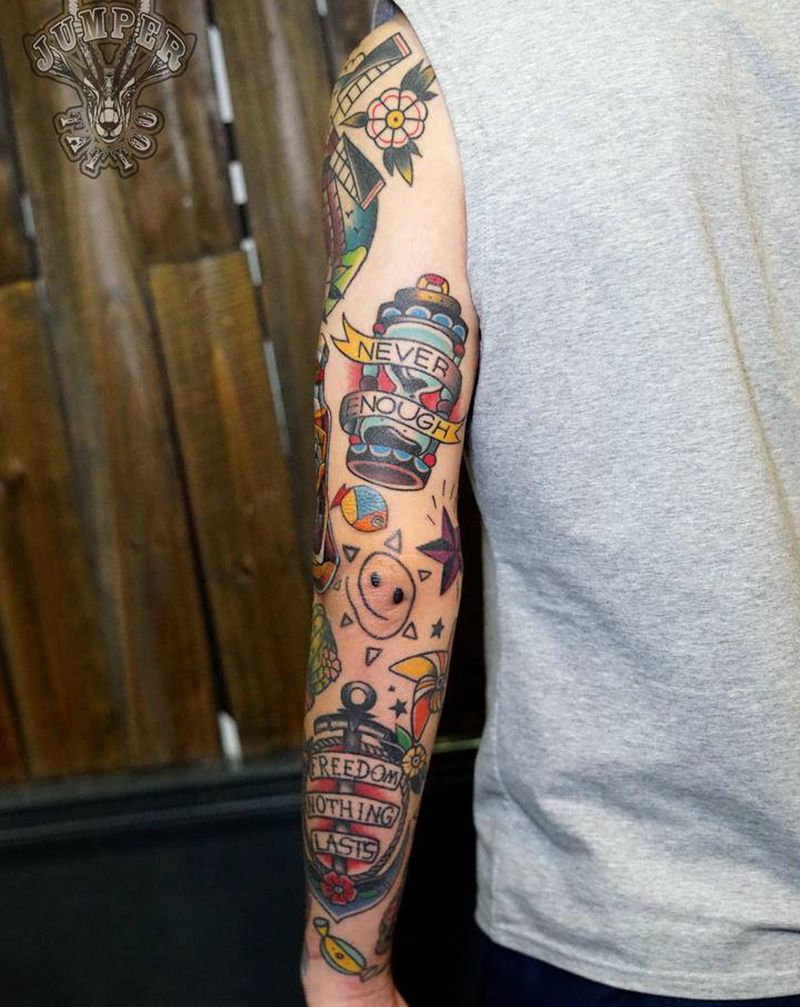 完整拼接花臂纹身图片_手臂Old School欧美彩色花臂拼接纹身图案