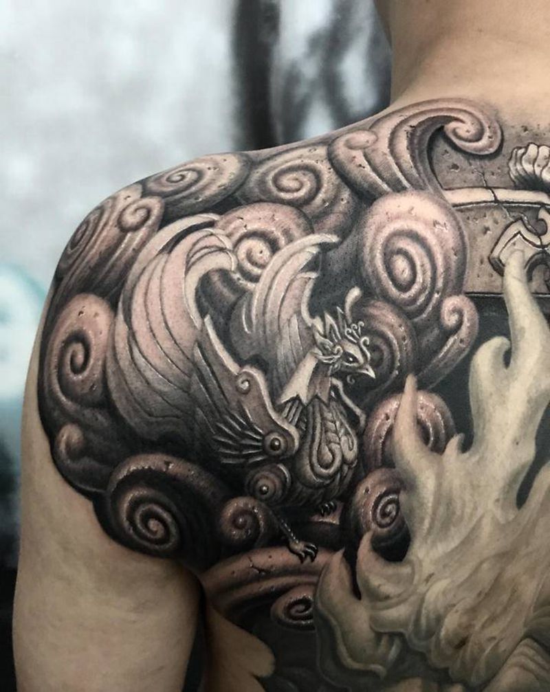 【神龙壁1】纹身图片_背部肩部欧美写实新传统纹身图案