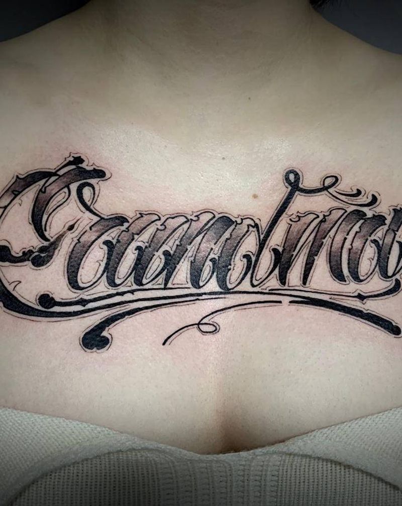 花体纹身图片_胸部花体字纹身图案