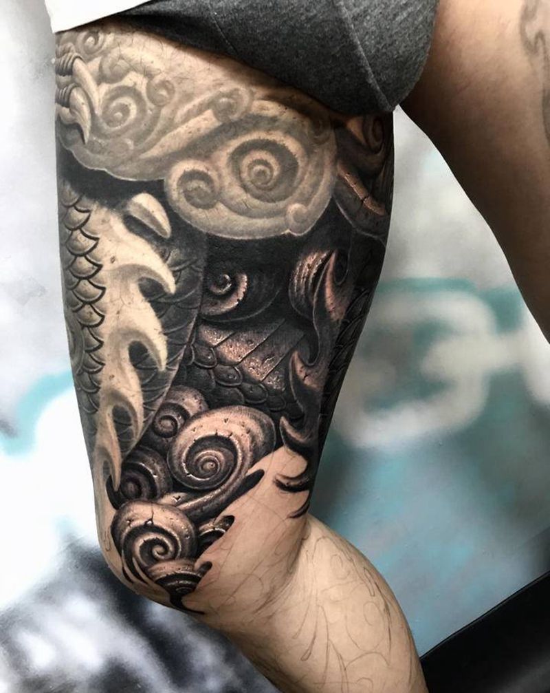 龙腿纹身图片_腿部脚部新传统欧美写实纹身图案