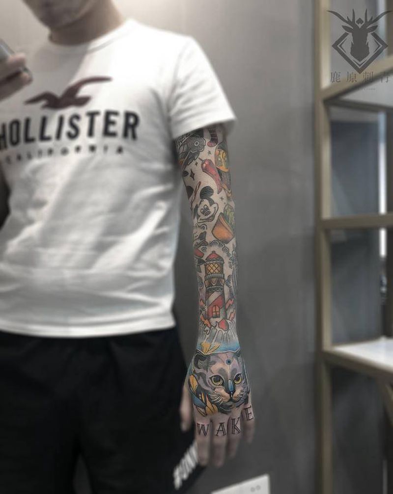 花臂纹身图片_手部手臂Old SchoolNew School花臂欧美拼接纹身图案