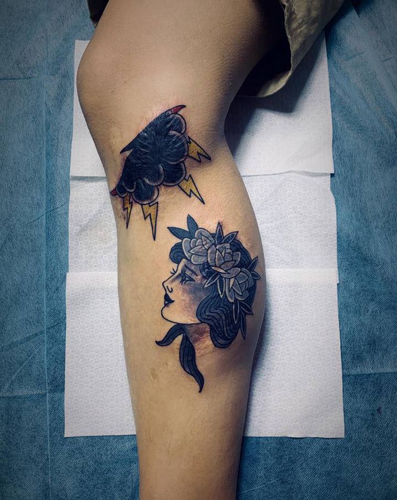 遮盖伤疤纹身图片_腿部Old School纹身图案