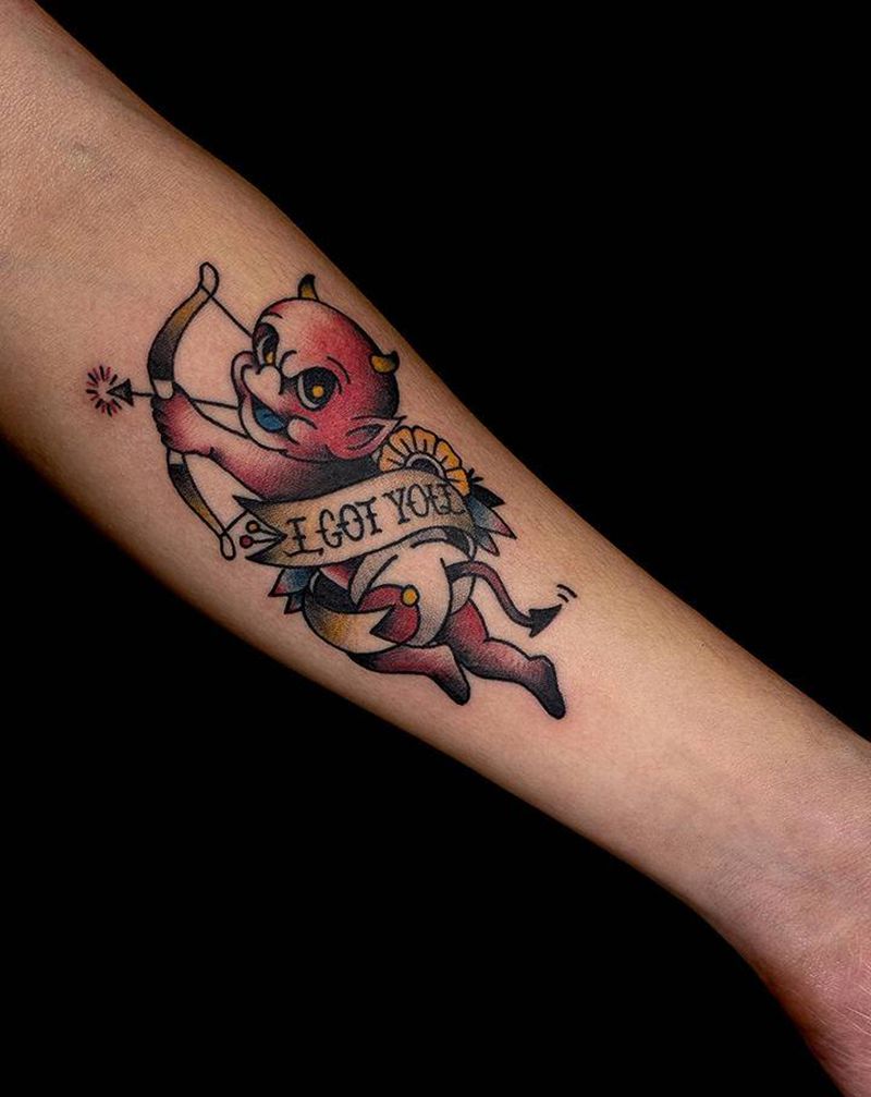 爱神小恶魔纹身图片_手臂Old School恶魔纹身图案