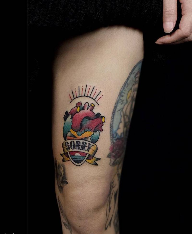 心脏纹身图片_腿部Old School纹身图案