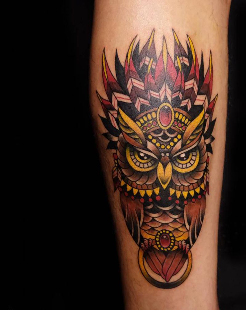 猫头鹰纹身图片_腿部Old School猫头鹰纹身图案