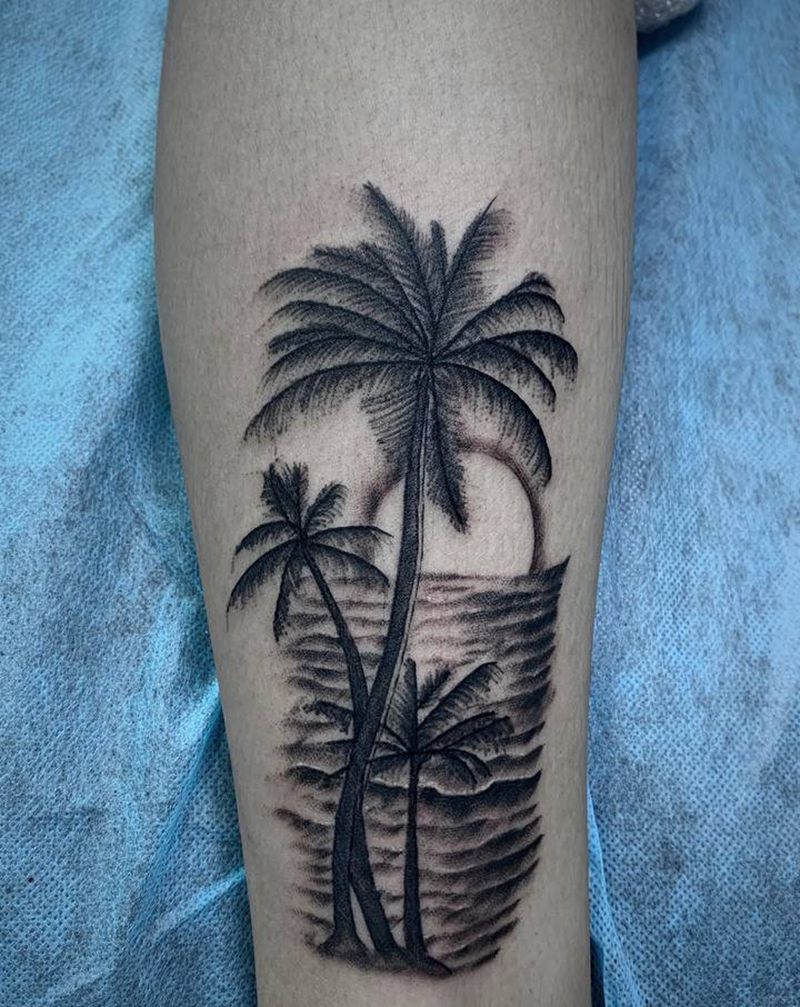 椰子树纹身图片_腿部纹身图案