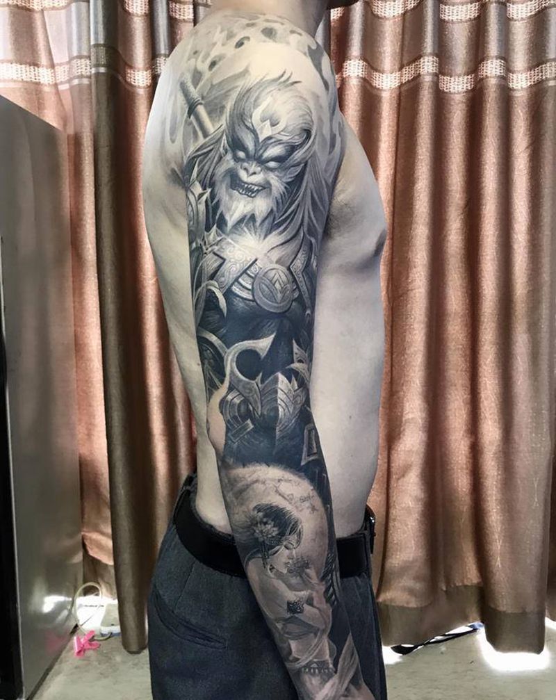 妖猴花臂纹身图片_手臂手部欧美写实新传统纹身图案